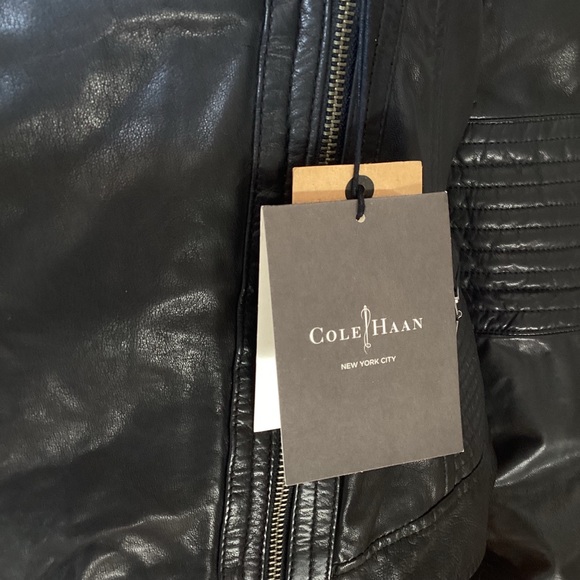 NWT Cole Haan Black Leather Moto Jacket Medium - Picture 10 of 14